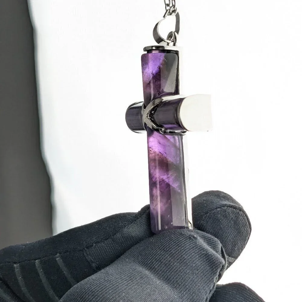 Amethyst and silver color cross pendant, free chain, unisex women men